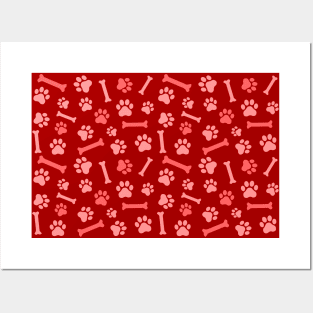 Pet - Cat or Dog Paw Footprint and Bone Pattern in Red Tones Posters and Art